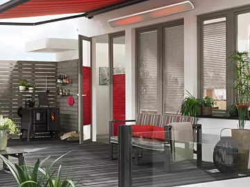 Heatscope Vision 3200W Radiant Heater delivers efficient electric outdoor heating to a private residence patio, blending seamlessly with modern design.