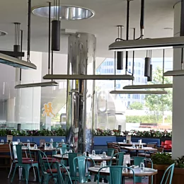 Heatscope Heaters Vision 3200W Radiant Heater wall-mounted on Jamie’s Italian Restaurant terrace for outdoor electric infrared comfort.